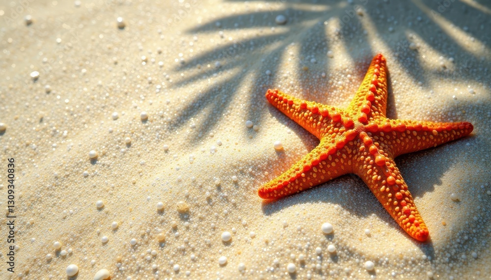 Starfish on sandy beach, palm tree shadow nearby , sand, shellfish Starfish on sandy beach, palm tree shadow nearby , sand, shellfish