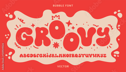 Groovy bubble font. Liquid Y2K alphabet with playful and fun kids style. Vector set