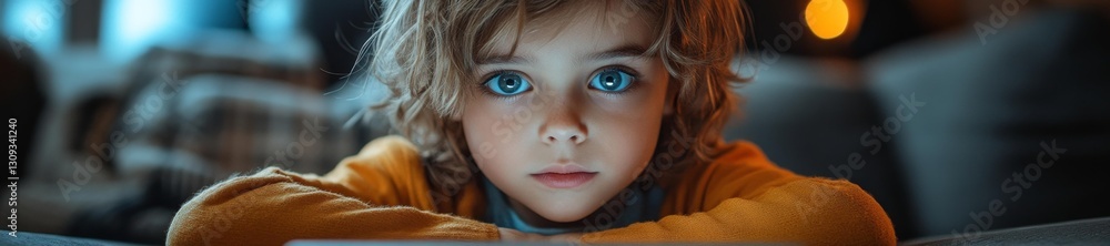 A child in a yellow sweater intently looking at a screen with focus and curiosity. Generative AI A child in a yellow sweater intently looking at a screen with focus and curiosity. Generative AI