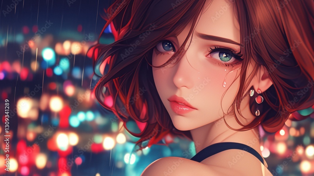 Naklejka premium Anime girl with tears in eyes in rainy city at night, digital art illustration
