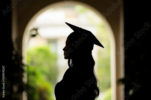 Graduate in silhouette inside an architectural doorway frame with rim lighting
