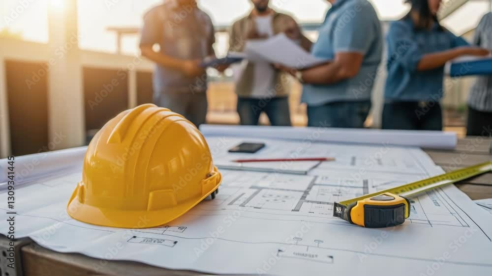 Professional engineers and architects collaborating on construction project, reviewing blueprints with yellow safety helmet and measuring tape Professional engineers and architects collaborating on construction project, reviewing blueprints with yellow safety helmet and measuring tape