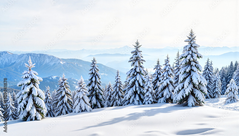 Obraz premium Snow-covered fir trees on mountain slope, serene winter landscape