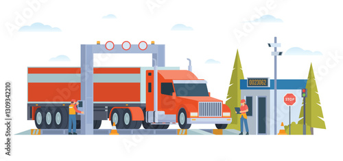 Weigh Station with Truck and Officer Inspection. Flat Vector Illustration. Weighing control platform