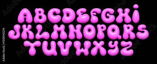 Pink bubble font. Cute 3D glossy liquid alphabet with shiny effect. Vector set