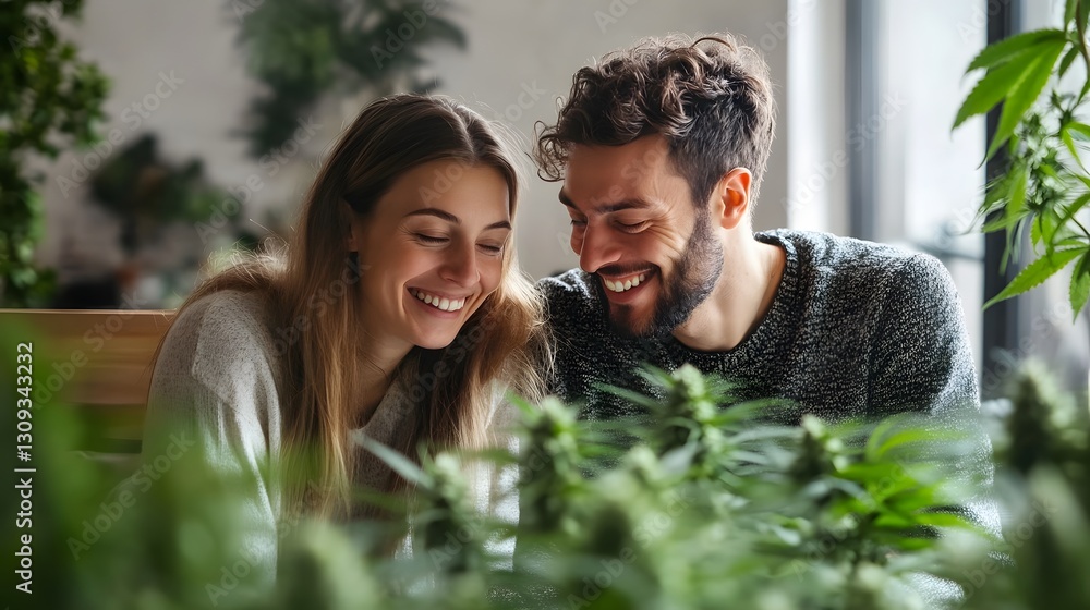 Fototapeta premium Smiling couple tending to indoor plants, cultivating a vibrant, green space. Shared joy in nurturing nature.