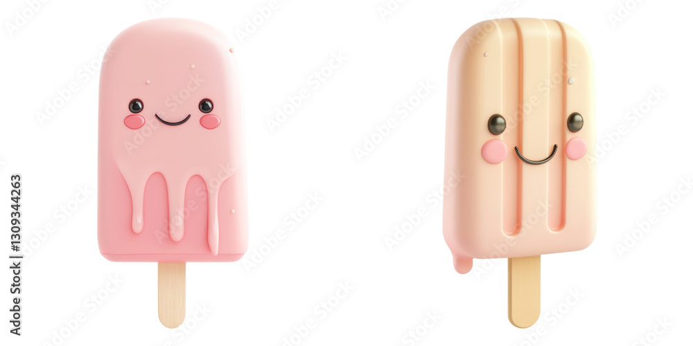 Cute pink popsicles with happy faces and melting details Cute pink popsicles with happy faces and melting details