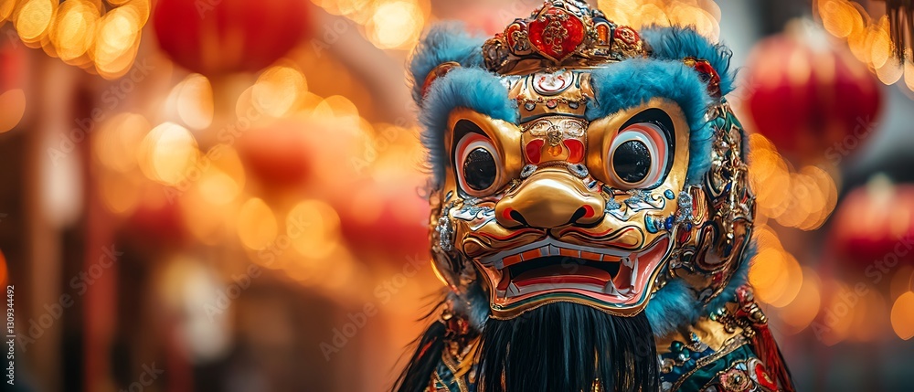 Chinese lion dance mask in a festive outdoor setting Chinese lion dance mask in a festive outdoor setting