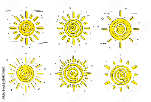 Ensemble d’icônes de soleil jaune, rayonnement solaire et éclat du soleil, lever ou coucher du soleil. Cercle décoratif plein et demi-soleil avec lumière du soleil. Énergie solaire chaude 