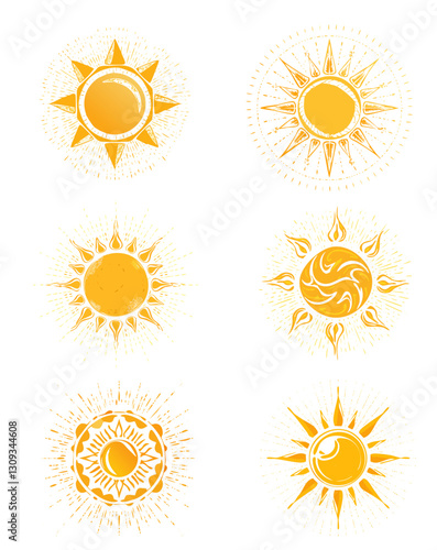 Ensemble d’icônes de soleil jaune, rayonnement solaire et éclat du soleil, lever ou coucher du soleil. Cercle décoratif plein et demi-soleil avec lumière du soleil. Énergie solaire chaude 