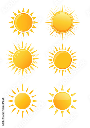 Ensemble d’icônes de soleil jaune, rayonnement solaire et éclat du soleil, lever ou coucher du soleil. Cercle décoratif plein et demi-soleil avec lumière du soleil. Énergie solaire chaude 