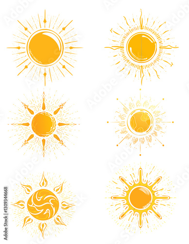Ensemble d’icônes de soleil jaune, rayonnement solaire et éclat du soleil, lever ou coucher du soleil. Cercle décoratif plein et demi-soleil avec lumière du soleil. Énergie solaire chaude 