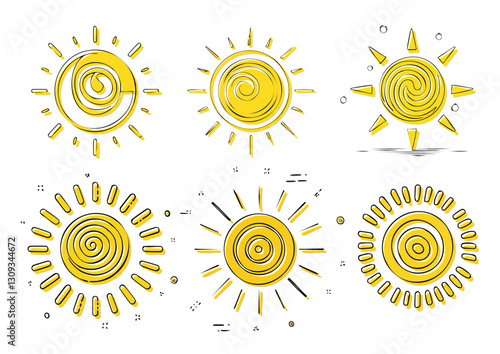 Ensemble d’icônes de soleil jaune, rayonnement solaire et éclat du soleil, lever ou coucher du soleil. Cercle décoratif plein et demi-soleil avec lumière du soleil. Énergie solaire chaude 