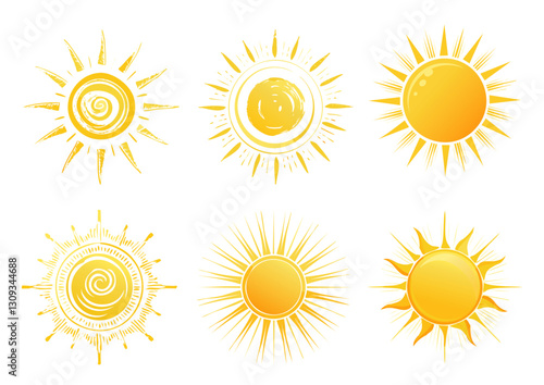 Ensemble d’icônes de soleil jaune, rayonnement solaire et éclat du soleil, lever ou coucher du soleil. Cercle décoratif plein et demi-soleil avec lumière du soleil. Énergie solaire chaude 