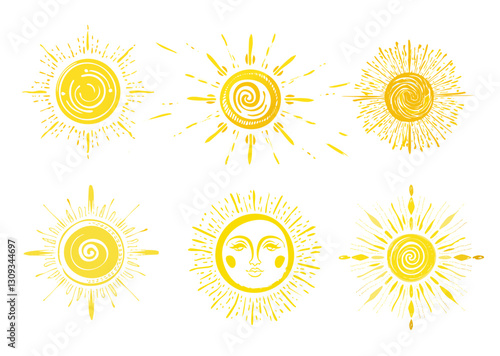 Ensemble d’icônes de soleil jaune, rayonnement solaire et éclat du soleil, lever ou coucher du soleil. Cercle décoratif plein et demi-soleil avec lumière du soleil. Énergie solaire chaude 
