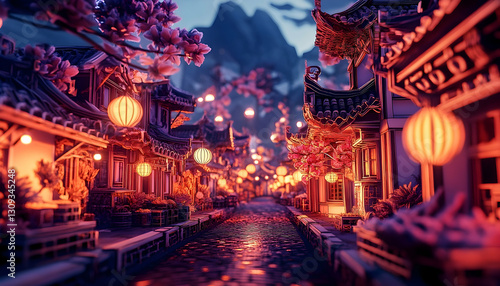 Wallpaper Mural Asian village at night, illuminated lanterns, blooming trees Torontodigital.ca