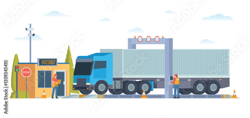 Weigh Station with Truck and Officer Inspection. Flat Vector Illustration. Weighing control platform