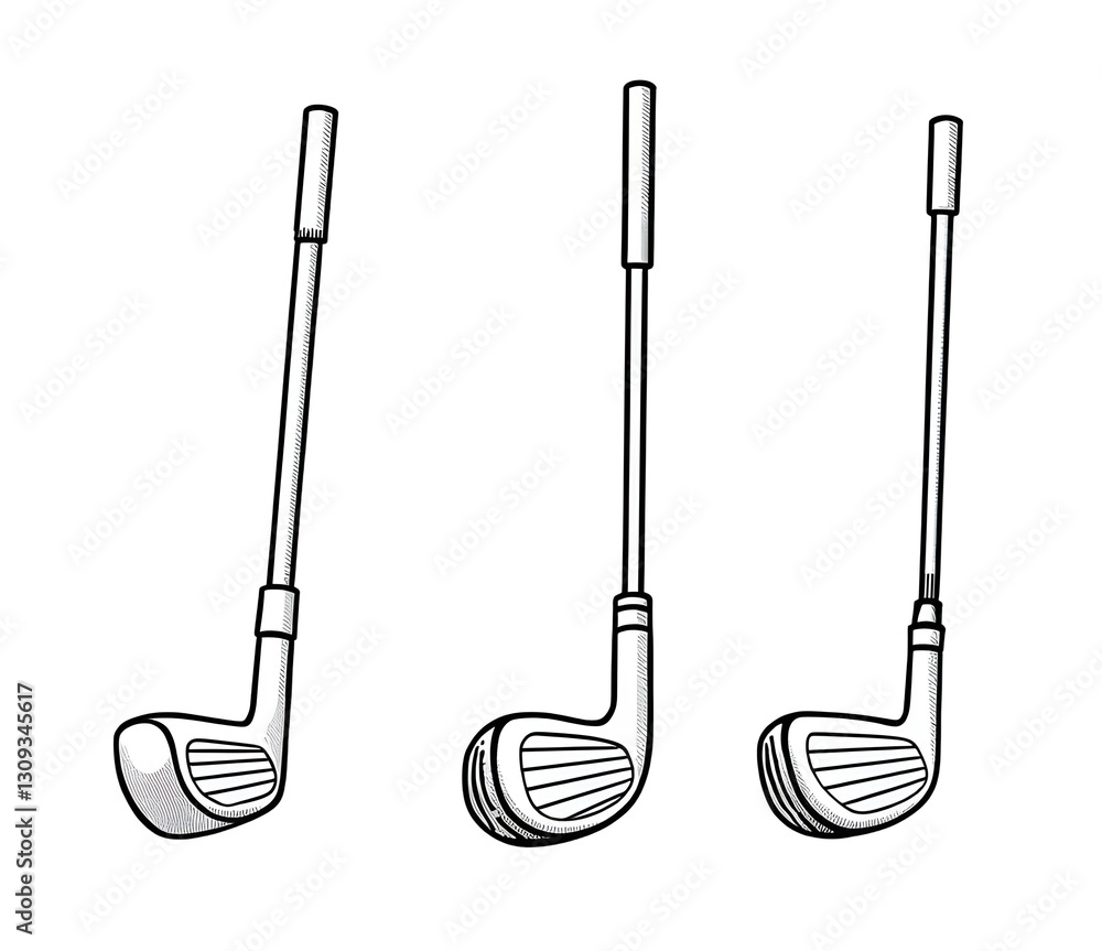 Naklejka premium Three golf clubs displayed in a row against a black background., cut out,transparent background