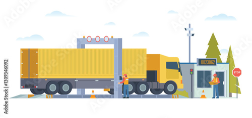 Weigh Station with Truck and Officer Inspection. Flat Vector Illustration. Weighing control platform