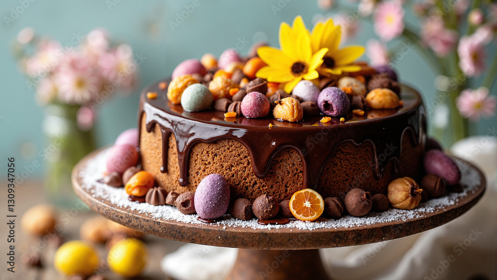 Decadent Cocoa Gingerbread Cake with Marmalade and Chocolate Topping on Rustic Stand | Easter Dessert Photography for Bakeries and Holiday Marketing Decadent Cocoa Gingerbread Cake with Marmalade and Chocolate Topping on Rustic Stand | Easter Dessert Photography for Bakeries and Holiday Marketing