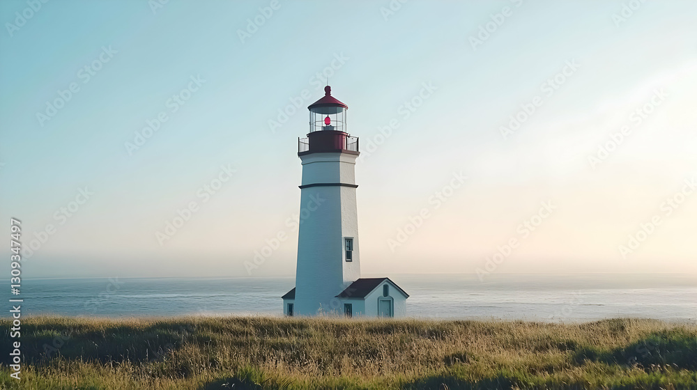 White Lighthouse On Coastal Cliff With Ocean And Blue Sky In Golden Hour White Lighthouse On Coastal Cliff With Ocean And Blue Sky In Golden Hour