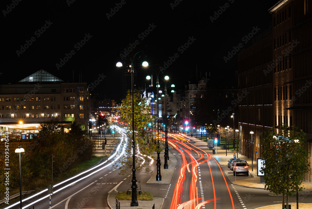 Fototapeta premium View of main street Järnvägsgatan during rush hour in downtown Helsingborg, Sweden.
