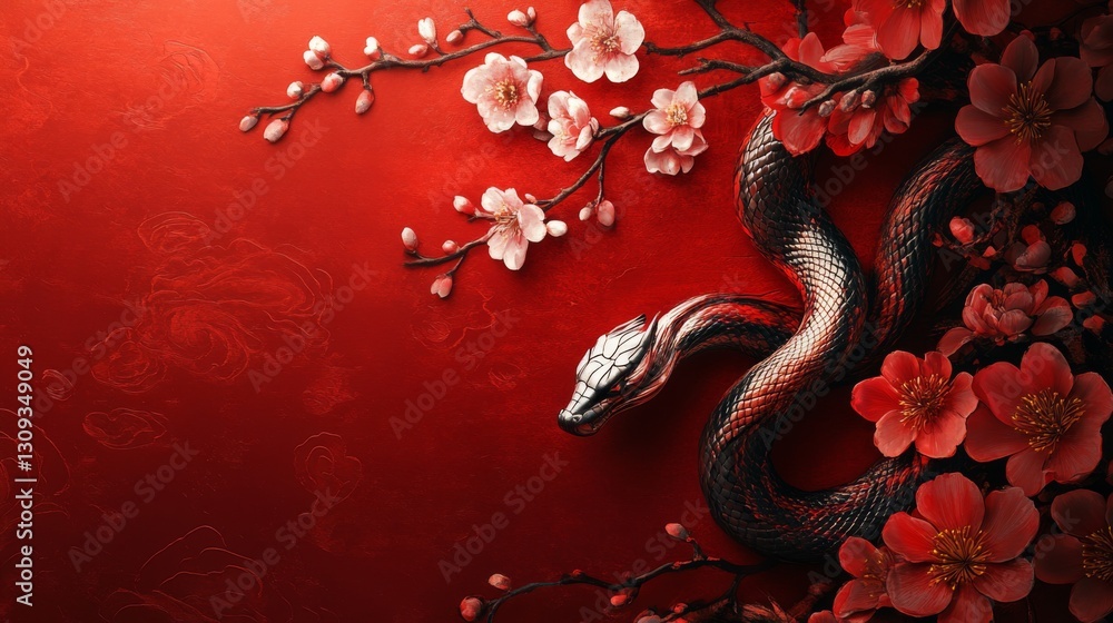 Obraz premium Black Snake Coiled Among Red Cherry Blossoms on Red Background