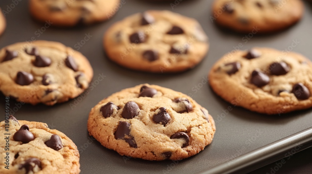 Warm chocolate chip cookies rest on a baking tray, their edges golden brown and chocolate morsels melting slightly. The sun fills the kitchen, creating a comforting atmosphere Warm chocolate chip cookies rest on a baking tray, their edges golden brown and chocolate morsels melting slightly. The sun fills the kitchen, creating a comforting atmosphere