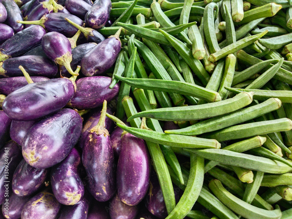 Indian street vendor with fresh vegetables Brinjal and lady finger along the road, Uttar Pradesh, India Indian street vendor with fresh vegetables Brinjal and lady finger along the road, Uttar Pradesh, India