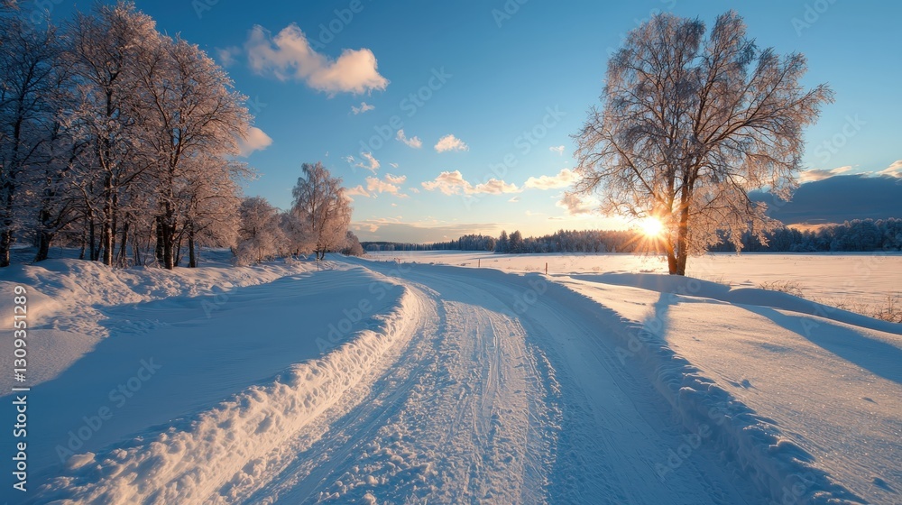 Fototapeta premium Snowy road sunset winter landscape