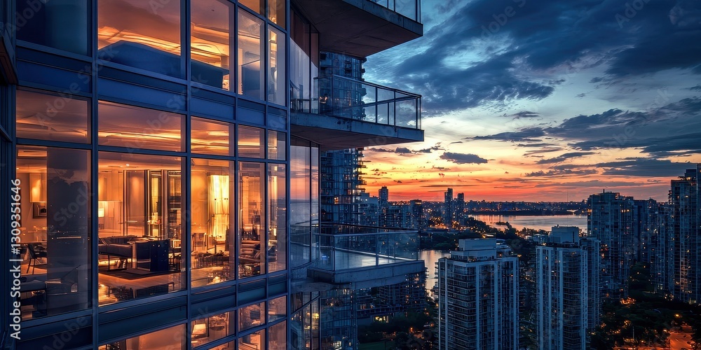 Fototapeta premium Luxury penthouse tower, twilight reflections on glass