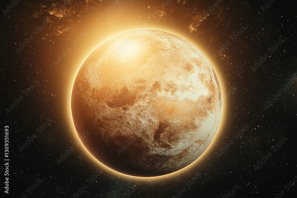 Naklejka premium Spectacular extraterrestrial mountain range beneath a glowing celestial planet in a vibrant cosmic sky, generative AI