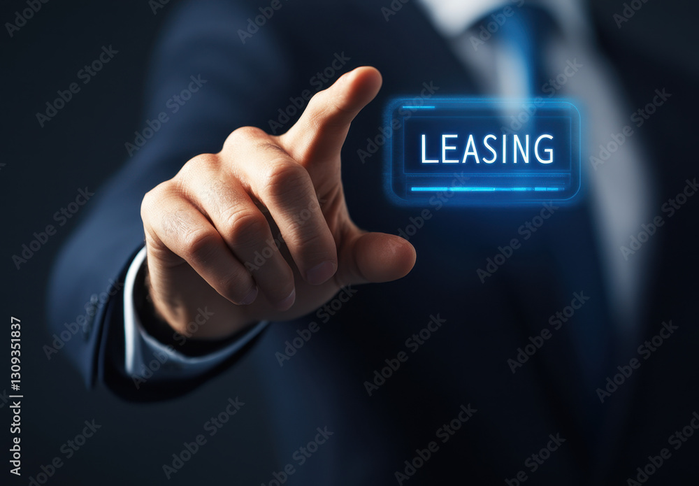 In a professional environment, a businessman dressed in a suit reaches out to select a digital leasing option relating to automobiles, showcasing technology in business In a professional environment, a businessman dressed in a suit reaches out to select a digital leasing option relating to automobiles, showcasing technology in business