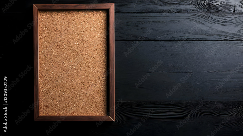 Fototapeta premium Corkboard Display In Brown Frame On Dark Wooden Surface