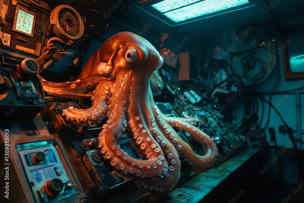 Obraz premium Intelligent octopus operating a futuristic submarine control room with advanced technology, generative ai