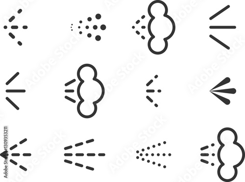 Spray icons set of aerosol or airbrush for water gas nozzle steam, perfume deodorant, graffiti paint. Sign shower drops, disinfection, cleaning.