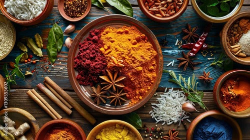 Explore an array of vibrant spices arranged beautifully, showcasing their colors and textures in a lively kitchen environment