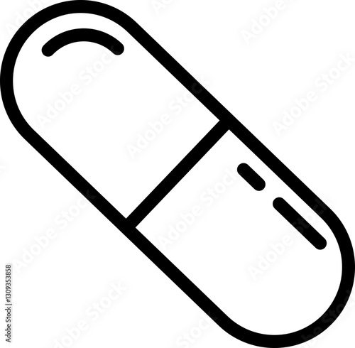 Clean, modern line art illustration of a capsule. Perfect for medical, pharmaceutical, healthcare, or wellness websites, apps, and presentations.  Simple, bold design ensures high readability.