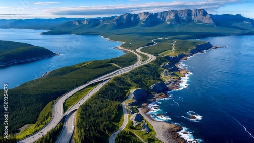 Aerial view of cabot trail along cape breton coast