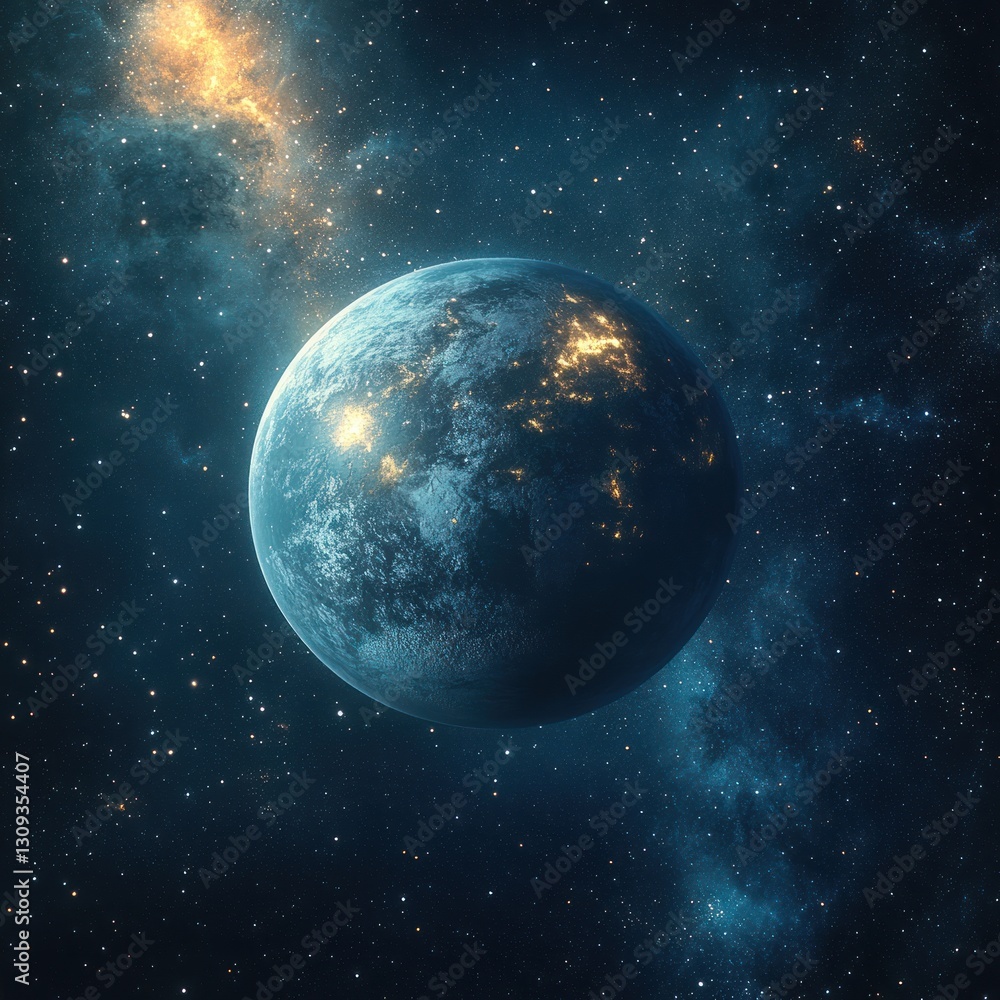 Obraz premium Celestial Orb: A cosmic view of a vibrant planet amidst a nebula