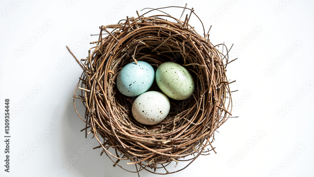Intricately Crafted Bird's Nest with Speckled Eggs on White Background - Perfect for Easter Promotions, Nature Blogs, and Spring-themed Marketing Materials Intricately Crafted Bird's Nest with Speckled Eggs on White Background - Perfect for Easter Promotions, Nature Blogs, and Spring-themed Marketing Materials