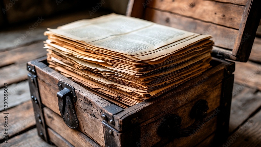 Obraz premium Ancient wooden chest with faded historical papers