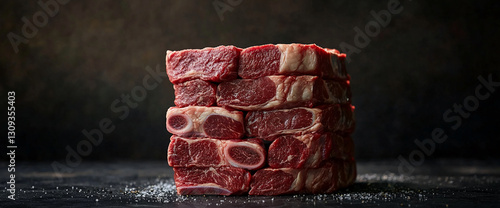 Stack of raw beef short ribs on dark surface, showcasing richness and texture, ideal for culinary or restaurant concepts photo