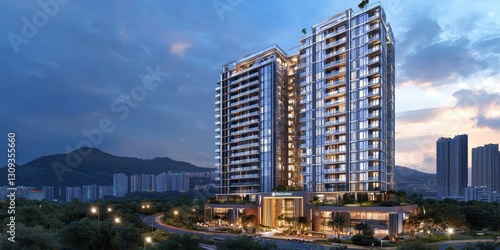 Modern luxury high-rise residential building with glass facade, bright and elegant lighting, soft sky background