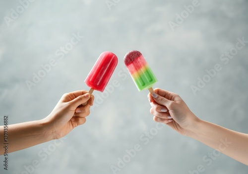 Colorful ice pops held by two hands, perfect for summer treats