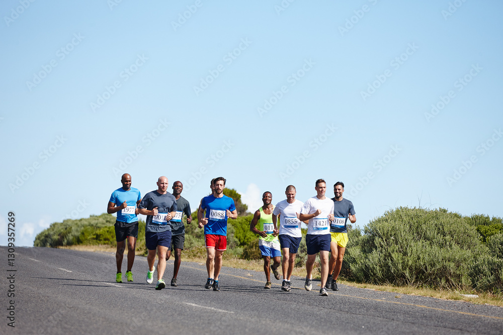 Obraz premium Group, fitness and people with running in road for marathon workout, competition training and body endurance. Blue sky mockup, men and exercise for race performance, sports challenge and club cardio
