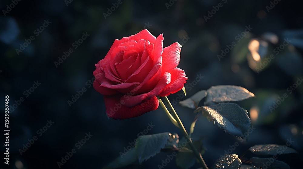 Obraz premium Crimson rose blooms in the shadows petals bathed in soft light A symbol of love elegance and timeless beauty