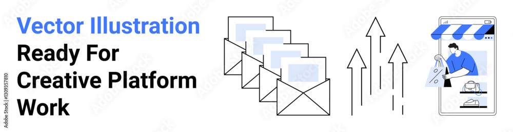 Stack of emails, upward arrows, person managing e-commerce site storefront. Ideal for email marketing, business growth, digital tools, e-commerce, analytics, efficiency flat landing page banner Stack of emails, upward arrows, person managing e-commerce site storefront. Ideal for email marketing, business growth, digital tools, e-commerce, analytics, efficiency flat landing page banner