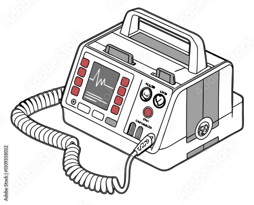 A defibrillator machine with electrode pads attached, ready for emergency use, isolated on white background.
