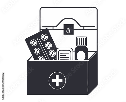 A red first aid kit filled with bandages, antiseptic, and pain relievers, isolated on white background.
